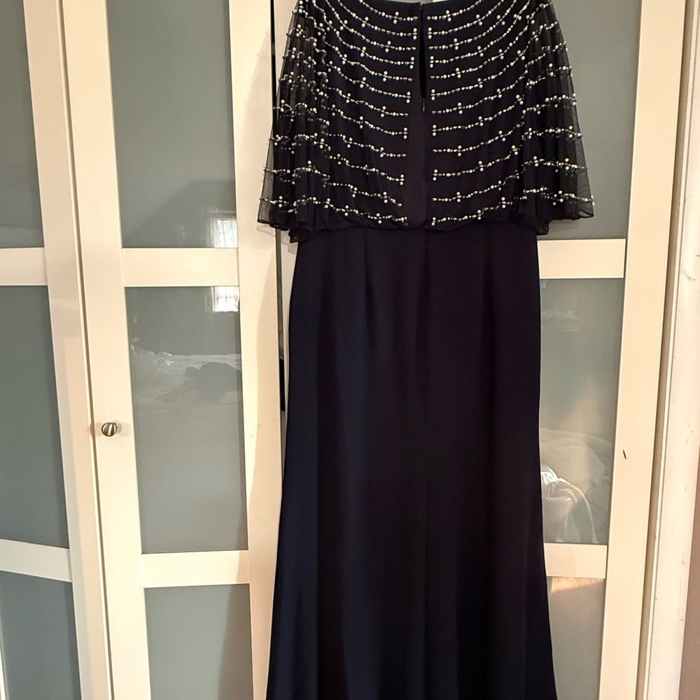 Adam Navy Evening Gown with Beaded Capelet